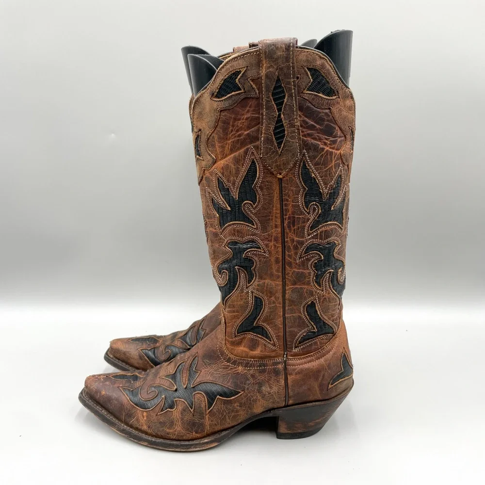 Johnny Ringo Womens 7 Brown Leather Black Lizard Inlay Western Cowboy Boots Boho